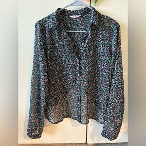 Vintage-Inspired Black Floral Button-Up Blouse - Small Pink Floral